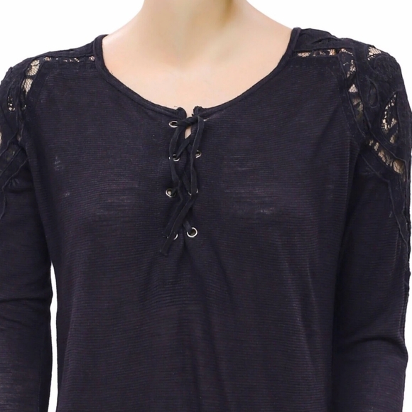 Free People Jennie Tee Black Crochet Trim Lace Up Long Sleeve Top Small Boho - Picture 9 of 10
